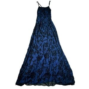 TOOTSIES Small vintage silk beaded‎ Blue Black Floral Floor Length Formal Gown